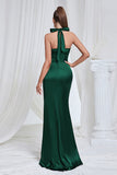 Mermaid Ruched Halter Pine Satin Bridesmaid Dress with Slit