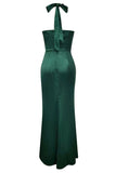 Mermaid Ruched Halter Pine Satin Bridesmaid Dress with Slit