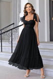 A Line Pleated Bow Spaghetti Straps Black Long Bridesmaid Dress