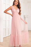 Spaghetti Straps Blush Pink Ruffles A Line Long Bridesmaid Dress