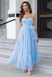 Pine Strapless Tulle Long A Line Ruffles Bridesmaid Dress