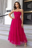 Pine Strapless Tulle Long A Line Ruffles Bridesmaid Dress