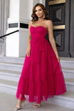 Pine Strapless Tulle Long A Line Ruffles Bridesmaid Dress