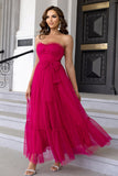 Pine Strapless Tulle Long A Line Ruffles Bridesmaid Dress