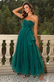 Pine Strapless Tulle Long A Line Ruffles Bridesmaid Dress