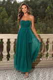 Pine Strapless Tulle Long A Line Ruffles Bridesmaid Dress