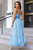 Pine Strapless Tulle Long A Line Ruffles Bridesmaid Dress