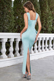 Mermaid Criss Cross Straps Sky Blue Satin Bridesmaid Dress with Slit