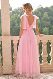 A Line Blush Pink Spaghetti Straps Pleated Bridesmaid Dress with Slit