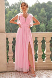 A Line Blush Pink Spaghetti Straps Pleated Bridesmaid Dress with Slit