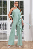 Mint One Shoulder Long Pleated Jumpsuits