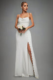 Lvory Spaghetti Straps Mermaid Ruched Long Wedding Dress with Slit