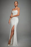 Lvory Spaghetti Straps Mermaid Ruched Long Wedding Dress with Slit