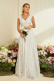 Ivory Apricot Cap Sleeves A Line Lace Long Wedding Dress