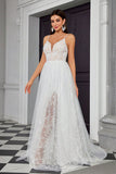 A Line Ivory Spaghetti StrapsAppliqued Long Wedding Dress