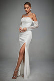 Ivory Off The Shoulder Lace Sleeves Long Wedding Dress with Slit