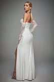 Ivory Off The Shoulder Lace Sleeves Long Wedding Dress with Slit