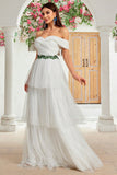 A Line Ivory Off The Shoulder Tiered Tulle Long Wedding Dress