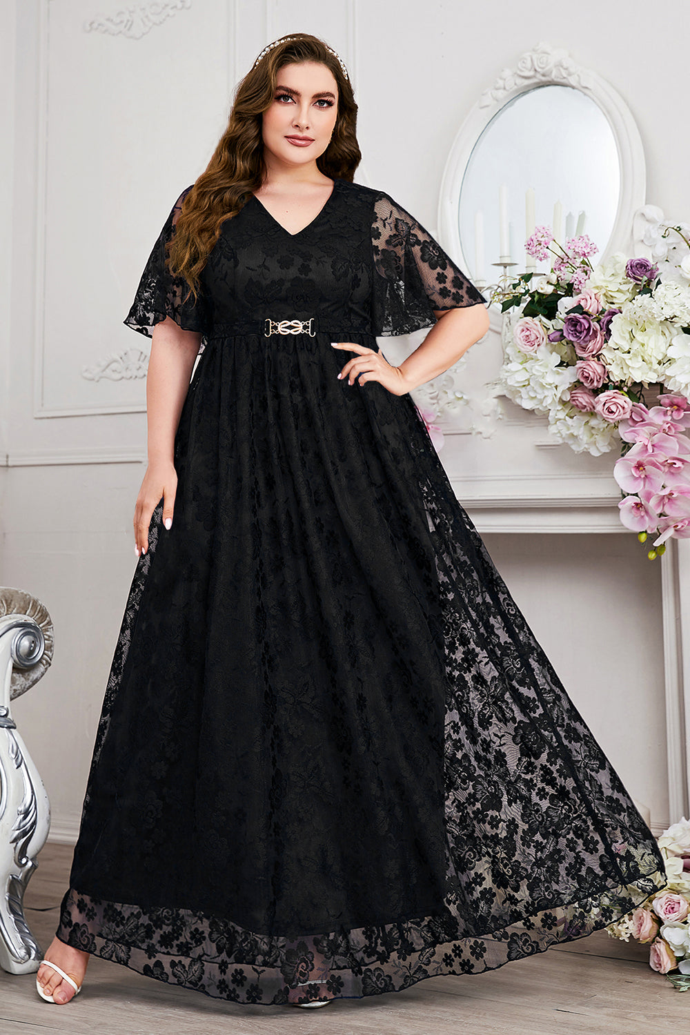 Zapaka Women Navy A-Line Lace Mother of the Bride Dress V-neck Short Sleeves Long Wedding Guest Dress ZAPAKA Zapaka Women Navy A-Line Lace Mother of the Bride Dress V-neck Short Sleeves Long Wedding Guest Dress ZAPAKA
