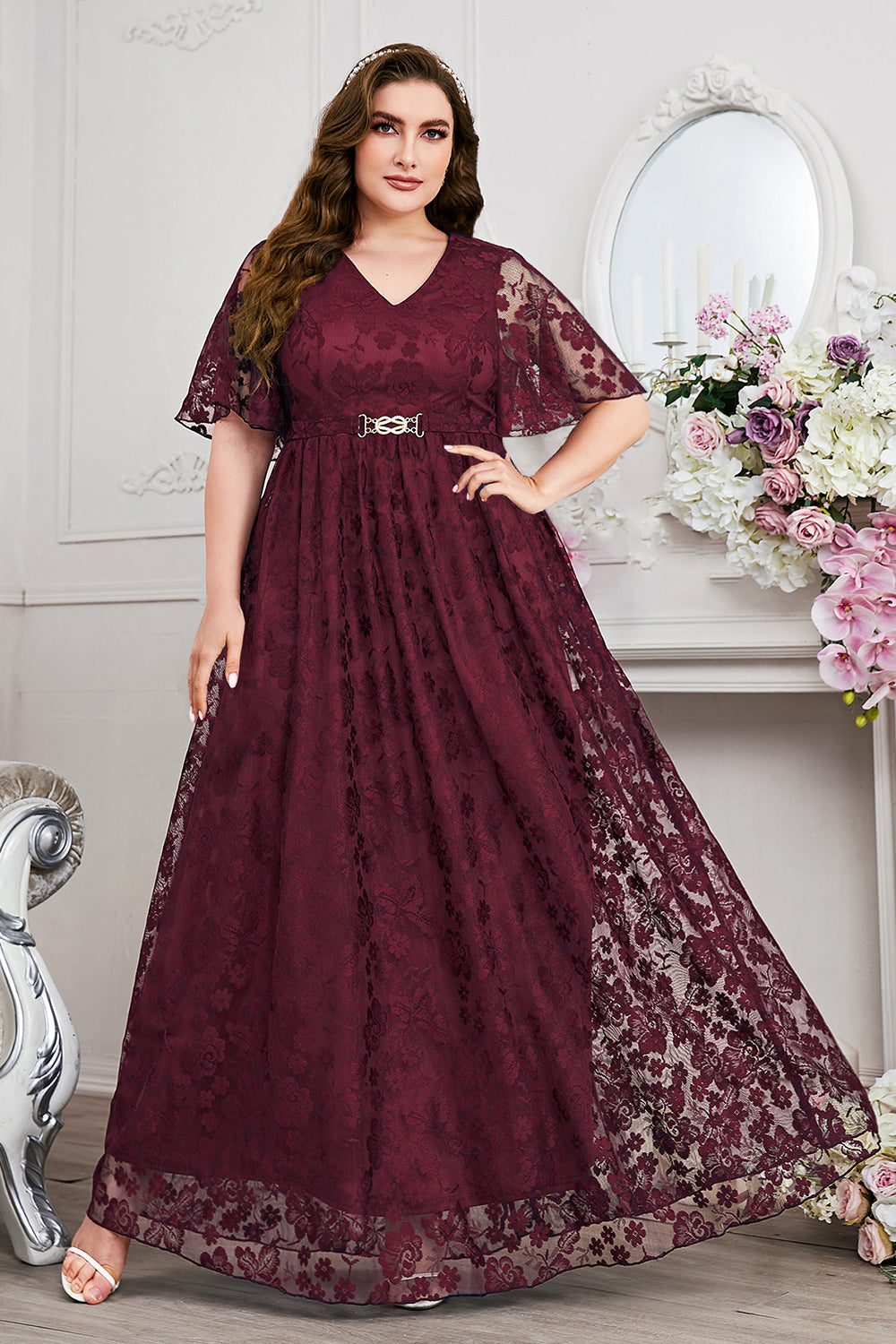 Navy A-Line Lace V-Neck Short Sleeves Long Mother of the Bride Dress Navy A-Line Lace V-Neck Short Sleeves Long Mother of the Bride Dress