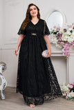 Navy A-Line Lace V-Neck Short Sleeves Long Mother of the Bride Dress