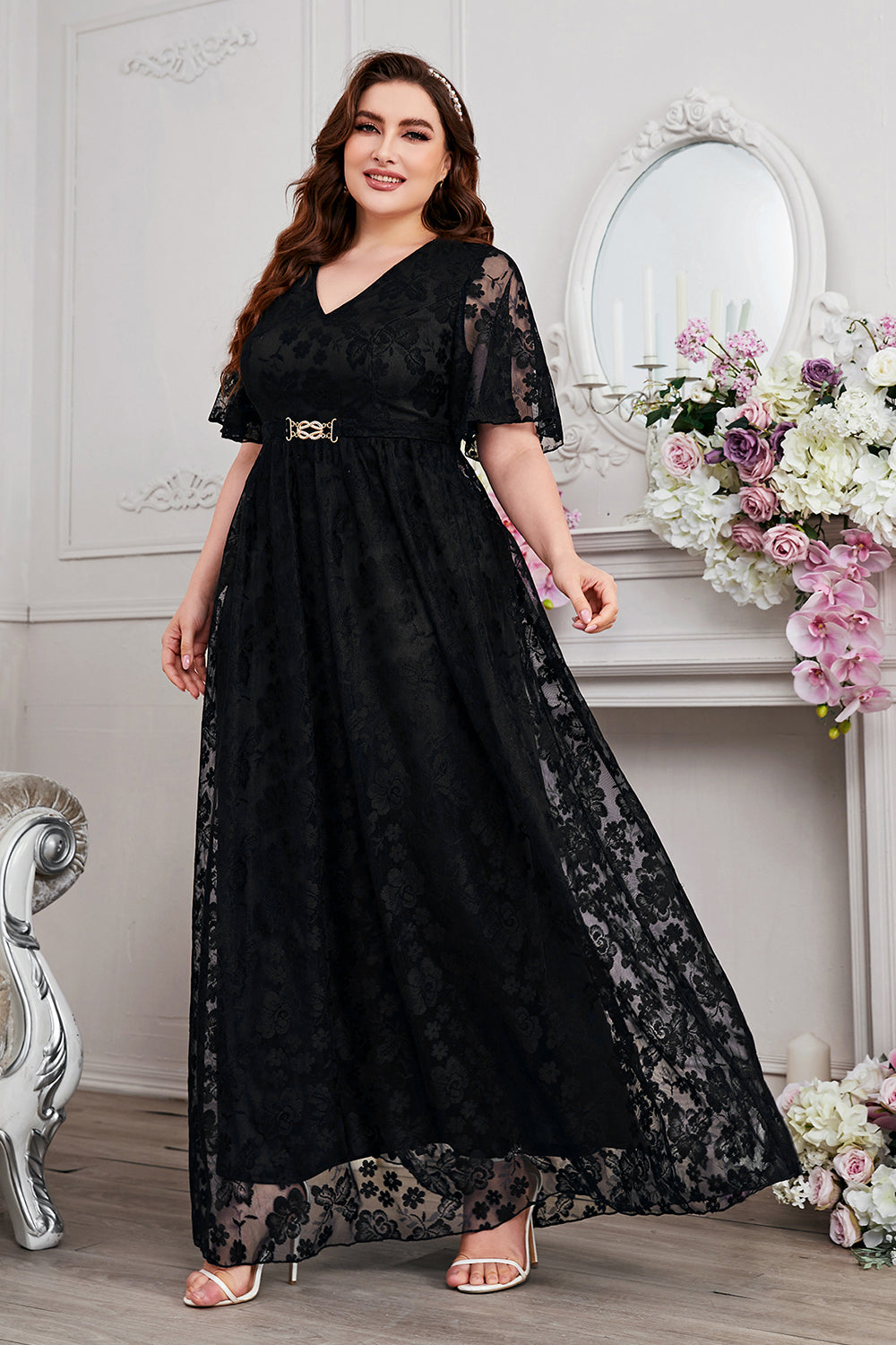 Zapaka Women Navy A-Line Lace Mother of The Bride Dress V-Neck Short Sleeves Long Wedding Guest Dress, Black / 4XL Zapaka Women Navy A-Line Lace Mother of The Bride Dress V-Neck Short Sleeves Long Wedding Guest Dress, Black / 4XL