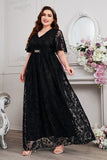 Navy A-Line Lace V-Neck Short Sleeves Long Mother of the Bride Dress