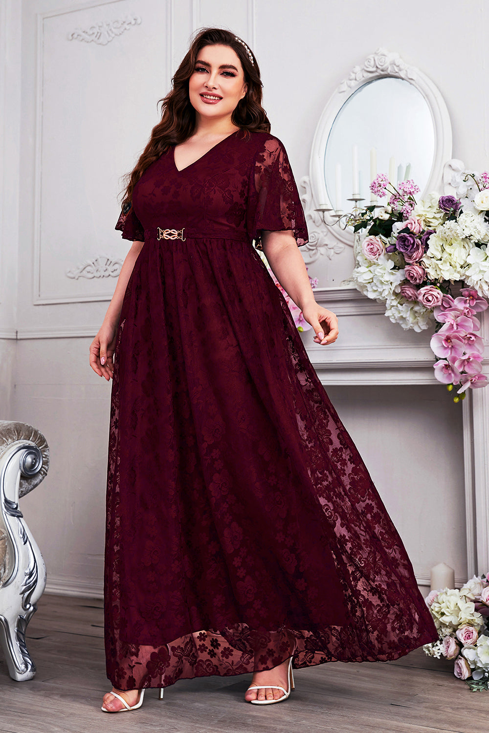 Zapaka Women Navy A-Line Lace Mother of the Bride Dress V-neck Short Sleeves Long Wedding Guest Dress, Cabernet / 4XL Zapaka Women Navy A-Line Lace Mother of the Bride Dress V-neck Short Sleeves Long Wedding Guest Dress, Cabernet / 4XL