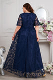 Navy A-Line Lace V-Neck Short Sleeves Long Mother of the Bride Dress