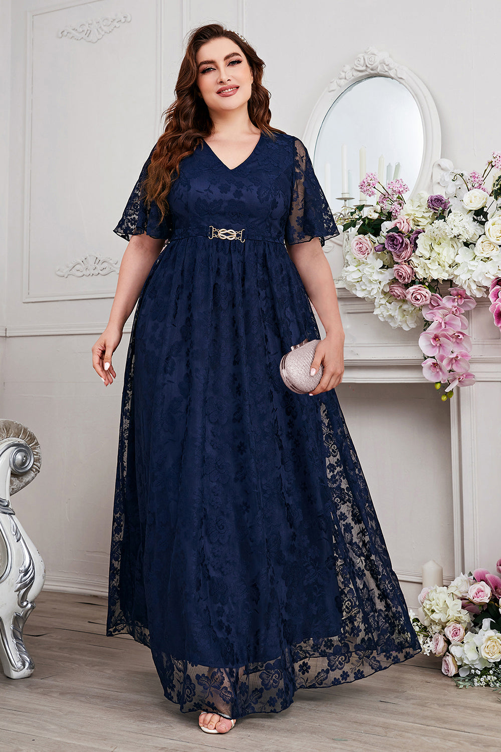 Zapaka Women Navy A-Line Lace Mother of the Bride Dress V-neck Short Sleeves Long Wedding Guest Dress ZAPAKA Zapaka Women Navy A-Line Lace Mother of the Bride Dress V-neck Short Sleeves Long Wedding Guest Dress ZAPAKA