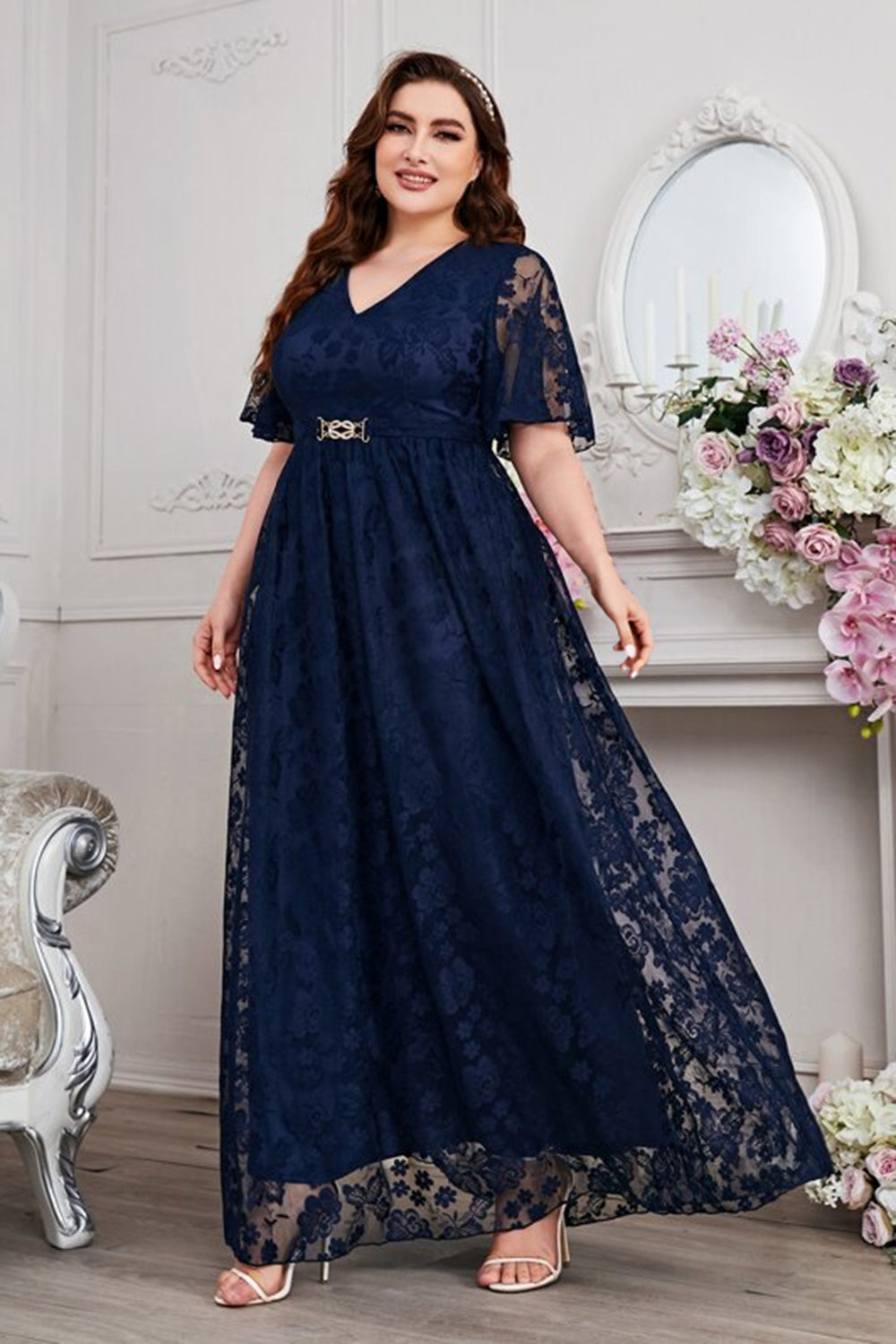 Navy A-Line Lace V-Neck Short Sleeves Long Mother of the Bride Dress Navy A-Line Lace V-Neck Short Sleeves Long Mother of the Bride Dress