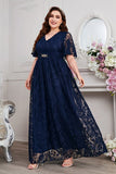 Navy A-Line Lace V-Neck Short Sleeves Long Mother of the Bride Dress