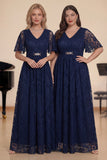 Navy A-Line V-Neck Short Sleeves Long Choir Dress with Lace