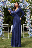 Glitter Royal Blue Beads V Neck Long Sleeves Pleated Sheath Mother of the Bride Dress