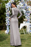 Glitter Royal Blue Beads V Neck Long Sleeves Pleated Sheath Mother of the Bride Dress