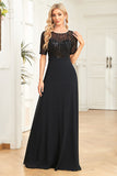 Black Chiffon Half Sleeves Round Neck Appliques A Line Mother of the Bride Dress