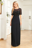 Black Chiffon Half Sleeves Round Neck Appliques A Line Mother of the Bride Dress