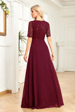 Black Chiffon Half Sleeves Round Neck Appliques A Line Mother of the Bride Dress