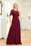 Black Chiffon Half Sleeves Round Neck Appliques A Line Mother of the Bride Dress