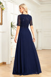 Black Chiffon Half Sleeves Round Neck Appliques A Line Mother of the Bride Dress