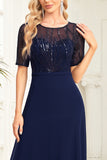 Black Chiffon Half Sleeves Round Neck Appliques A Line Mother of the Bride Dress