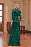 Sparkly Dark Green Mermaid Appliques Square Neck Mother of the Bride Dress with 3/4 Sleeves