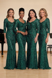 Sparkly Dark Green Mermaid Sequins Long Choir Dress with 3/4 Sleeves