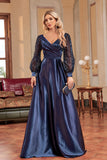 Navy Sequin Long Sleeves A Line Mother Of The Bride Dresse