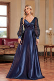 Navy Sequin Long Sleeves A Line Mother Of The Bride Dresse