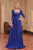 Royal Blue A Line Sequin Square Neck Long Mother Of The Bride Dress