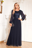 Navy Sequin Long Sleeves A Line Tulle Long Mother Of The Bride Dresse