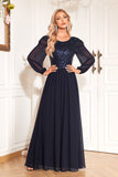 Navy Sequin Long Sleeves A Line Tulle Long Mother Of The Bride Dresse