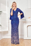 Sparkly Royal Blue V-Neck Mother Of Bride Dress with Long Sleeves