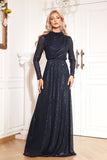 Sparkly Navy A Line Mother of Bride Dress with Long Sleeves